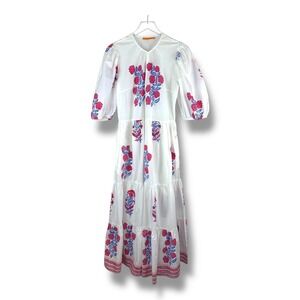 OLIPHANT Puff Maxi Dress Verna Red  Blue Floral Tiered Skirt Puff Sleeve Cotton